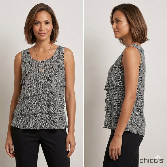 Chico's Tops - Chico's Black & White Polka Dot Ruffle Front Sleeveless Blouse Size 1 / Small